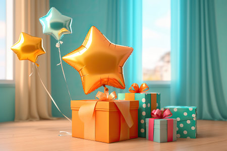 3d illustration of colorful presents with star shaped balloons and ribbons. Generative AI.の素材