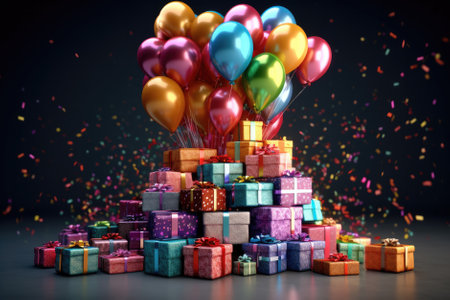 Gift boxes with balloons and confetti on dark background. Generative AI.の素材