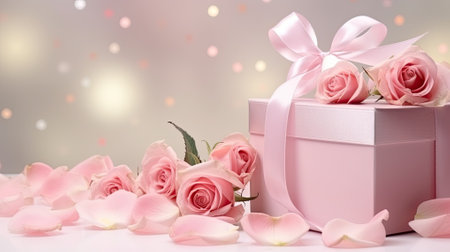 Gift box with pink roses on bokeh background. Valentine's day concept.Generative AI.の素材