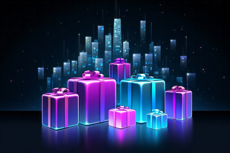 Gift boxes with colorful lights on dark background. Vector illustration. Generative AI.の素材