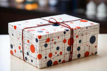 Gift box with red bow on table in cafe, closeup. Generative AI.の素材