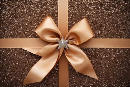 Gift box with bow and ribbon on brown background, top view. Generative AI.の素材