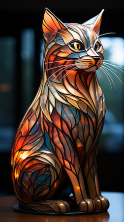 Close up of a colorful stained glass cat sitting in a cafe. Generative AI.の素材