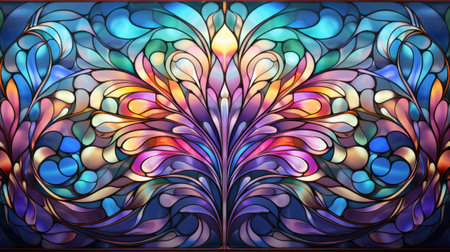 Illustration in stained glass style with abstract floral ornament, bright colors. Generative AI.の素材