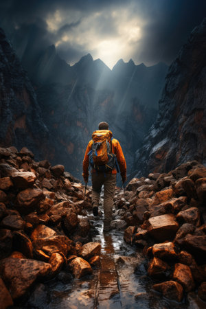 Hike in the mountains. A man with a backpack on his back walks along the path. Generative AI.の素材