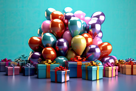 3d render of colorful balloons and gift boxes with ribbons on blue background. Generative AI.の素材