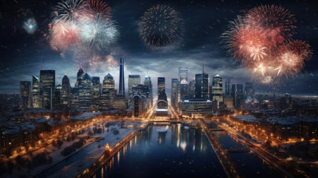 Fireworks over the Moscow city at night. 3D rendering. Generative AI.の素材