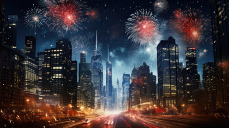 New York City skyline at night with fireworks, New York City, USA. Generative AI.の素材
