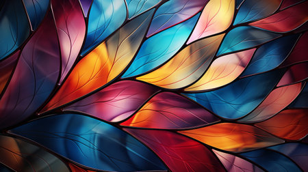 Abstract background with multicolored glass leaves. Generative AI.の素材