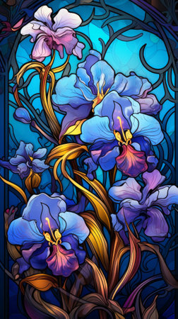 Illustration in stained glass style with flowers of irises on a blue background. Generative AI.の素材