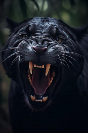 Black panther with open mouth and sharp teeth in the forest. Generative AI.の素材