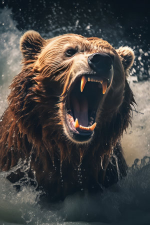 Brown bear in the water. Portrait of a wild animal. Generative AI.の素材