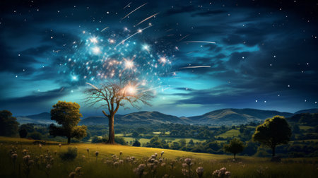 Beautiful landscape with a tree and fireworks in the night sky. Generative AI.の素材