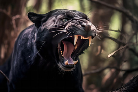 Black panther is roaring in the forest. Wildlife scene from nature. Generative AI.の素材
