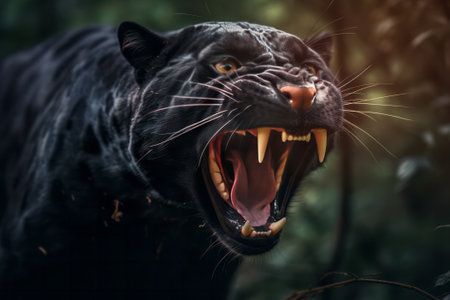Black panther with open mouth, Panthera leo, big cat. Generative AI.の素材