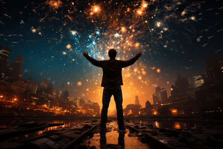 Man with arms outstretched looking at fireworks above the city at night. Generative AI.の素材