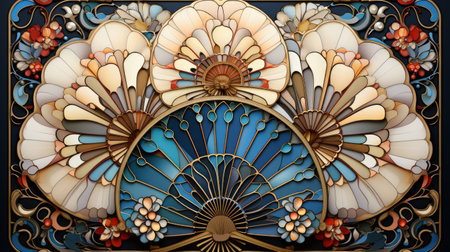 Illustration in stained glass style with abstract flowers and leaves on a dark background. Generative AI.の素材