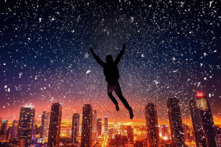 Man jumping in the air against cityscape and falling snowflakes. Generative AI.の素材