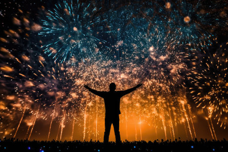 Silhouette of a man with raised hands against fireworks background. Generative AI.の素材