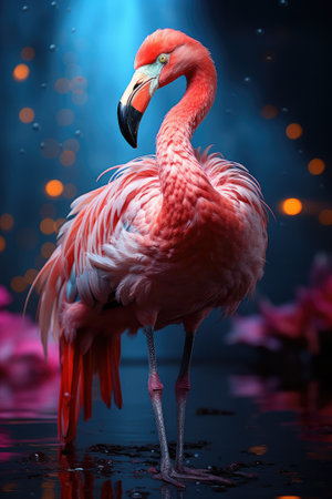 Flamingo on a dark background with bokeh lights. Generative AI.の素材