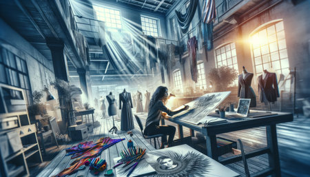 Fashion designer woman working with sketches in her studio.  Generative AI.の素材