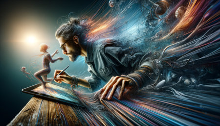 Surreal image of man with tablet pc. Mixed media. Generative AI.の素材