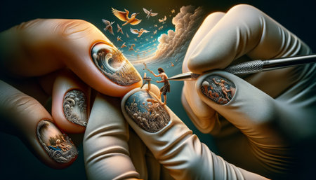 Manicure and pedicure concept. Manicurist applying nail polish with a brush. Generative AI.の素材