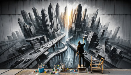 Businessman standing on ladder and drawing urban landscape. Generative AI.の素材