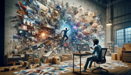 Businessman in office. Mixed media. Mixed media. Generative AI.の素材