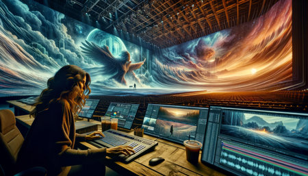 Woman working on computer in front of a monitor with the image of the planet. Generative AI.の素材