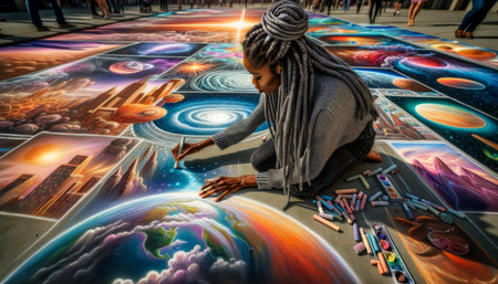 Unidentified artist is painting on the floor of Kuala Lumpur. Generative AI.の素材