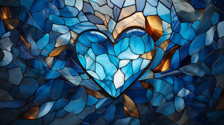 Stained glass window in the shape of a heart in blue tones. Generative AI.の素材
