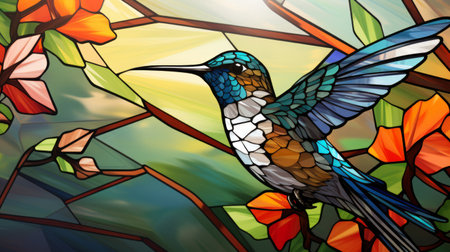 Illustration in stained glass style with a bright hummingbird on the sky background. Generative AI.の素材
