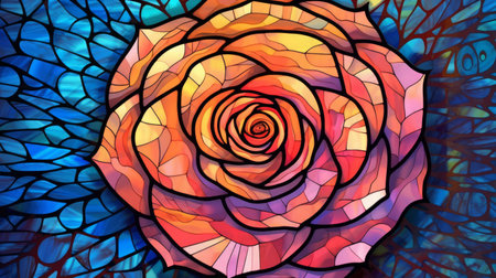 abstract background with a stained-glass window and a red rose. Generative AI.の素材