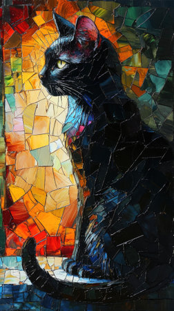 Black cat on the background of stained glass. Stained glass. Generative AI.の素材