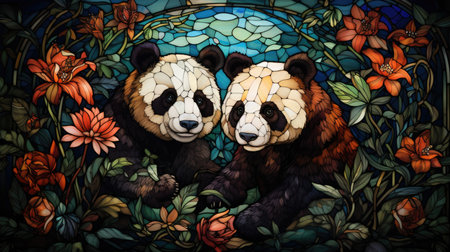 Two panda bears on the background of a stained glass window. Generative AI.の素材