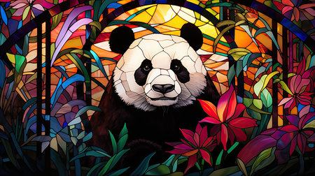 Illustration in stained glass style with a panda in the forest. Generative AI.の素材