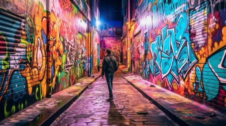 Hipster young man in a city street at night with colorful graffiti. Generative AI.の素材