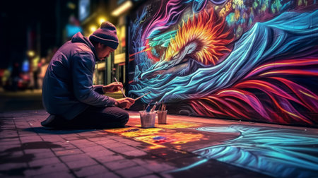 Street artist painting on the wall of a street in New York City. Generative AI.の素材