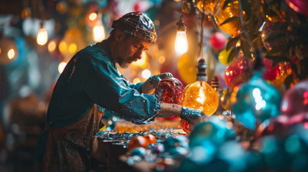 Handsome craftsman making christmas ornaments in his workshop. Generative AI.の素材