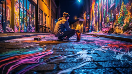 A street artist paints graffiti on the walls of the old town of Tallinn, Estonia. Generative AI.の素材