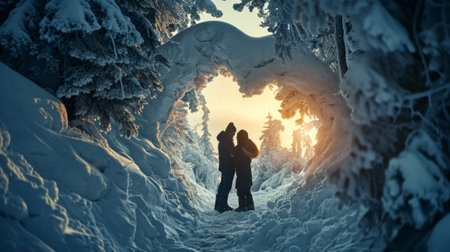 Couple in love walking in winter forest. Generative AI.の素材