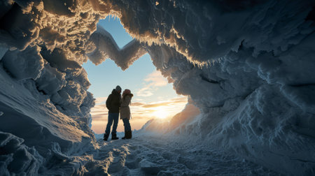 couple in love on the background of an ice cave at sunset. Generative AI.の素材