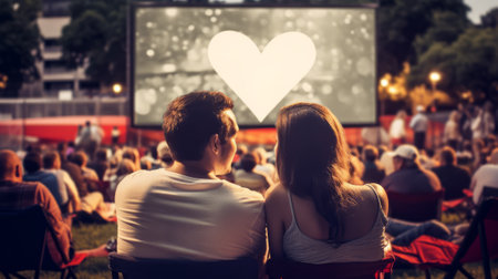 couple sitting in front of a big screen with a heart symbol. Generative AI.の素材