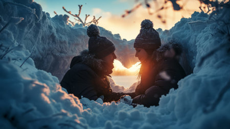 Couple in winter clothes sitting on the snow and looking at each other. Generative AI.の素材