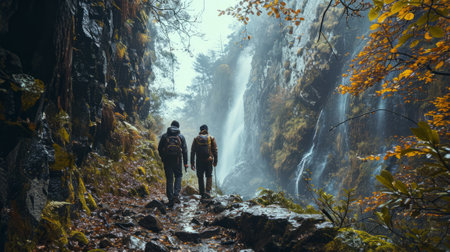 Man and woman hiking in the autumn forest with a waterfall in the background. Generative AI.の素材
