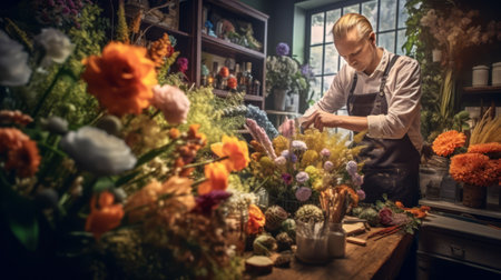 Experienced florist making beautiful bouquets in his flower shop. Generative AI.の素材