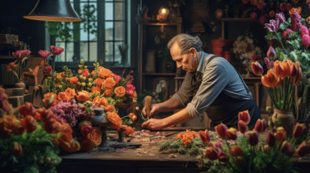 Portrait of senior florist working in his flower shop. Generative AI.の素材