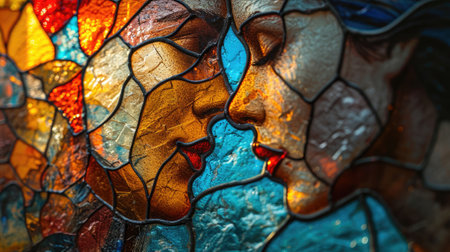 Colorful stained glass window in a church, close-up. Generative AI.の素材