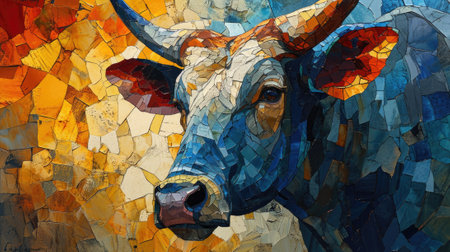 Cow head on the colorful mosaic background. Artwork for creative design. Generative AI.の素材